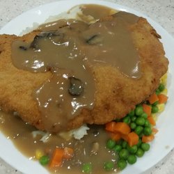 Blue Danube Restaurant - Pork schnitzel with mashed, corn and peas and carrots