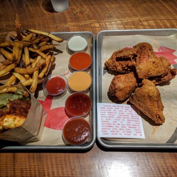 The Crack Shack - The spread: all six sauces, five piece chicken, fries, firebird sandwich - Chicken Shop Near Me - Costa Mesa, California