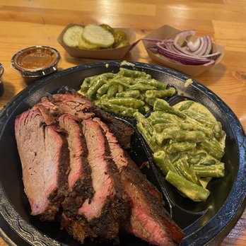 Backwoods BBQ - Brisket and tri tip - green beans with cheese sauce - Barbeque Near Me - Fredericksburg, Texas