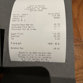 Saint & Second - Receipt - New American Near Me - Long Beach, California