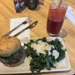 Beet juice, burger, kale salad