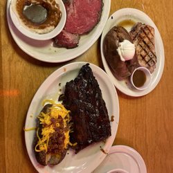 Texas Roadhouse - Medium Prime Rib*, half 1/2 Slab Ribs, Grilled Pork Chops Sides: mashed potatoes with brown sauce, loaded baked potatoes, Green Beans