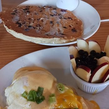 Ginger Sue's - Eggs Benedict and blueberry lemon pancake. - Breakfast & Brunch Near Me - Lee's Summit, Missouri