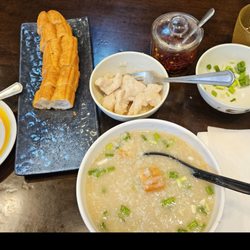 Tea House Cafe - Chicken Congee with Extra Green Onions, Chinese Long Donut and Hong Kong Tea