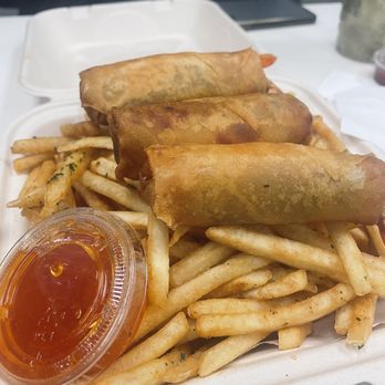 Beastea - Shrimp spring rolls on seasoned fries (comes with 4 rolls but someone yoinked one immediately) - Coffee & Tea Near Me - Santa Clara, California Beastea - Shrimp spring rolls on seasoned fries (comes with 4 rolls but someone yoinked one immediately) - Coffee & Tea Near Me - Santa Clara, California