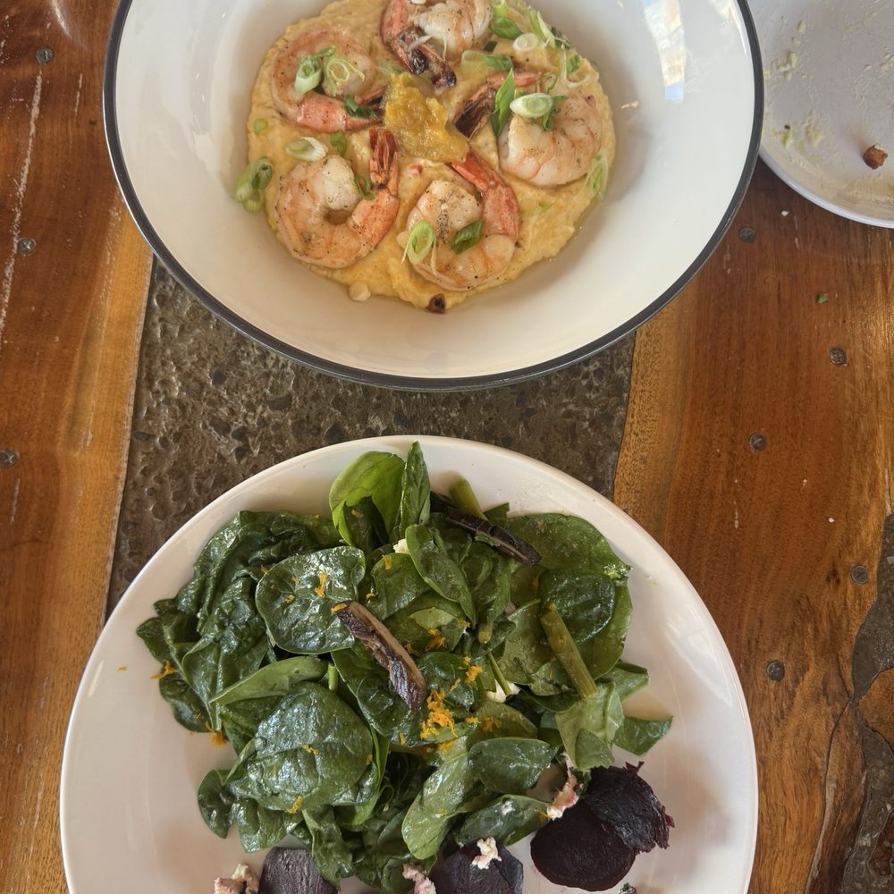 Shrimp and grits with goat cheese and beet salad Shrimp and grits with goat cheese and beet salad