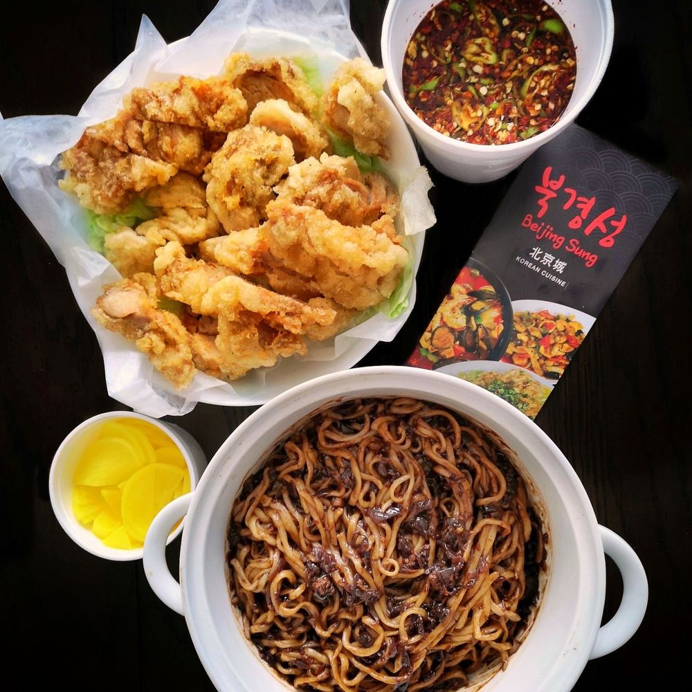 Beijing Sung - Black Bean Sauce Noodles (Jjajang Myun) and Korean Fried Chicken with Spicy Sweet Soy Sauce (Yooringi)