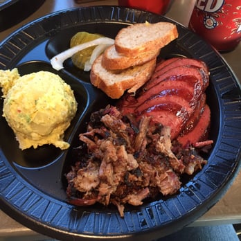 Off the Bone Barbeque - Brisket, sausage, and potato salad.  FYI-Our daughter is a finicky water, but she ate most of my sausage! - Barbeque Near Me - Dallas, Texas