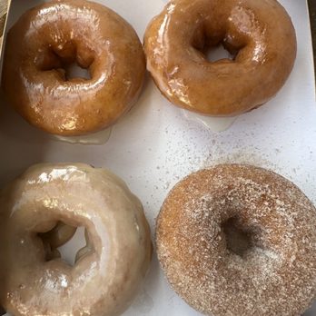 Duck Donuts - Glazed (top two), maple donut (bottom left), cinnamon sugar (bottom right) - Donuts Near Me - Irvine, California Duck Donuts - Glazed (top two), maple donut (bottom left), cinnamon sugar (bottom right) - Donuts Near Me - Irvine, California