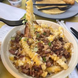 Crinkle fries with Bacon, green onions, cheese and side of crack sauce