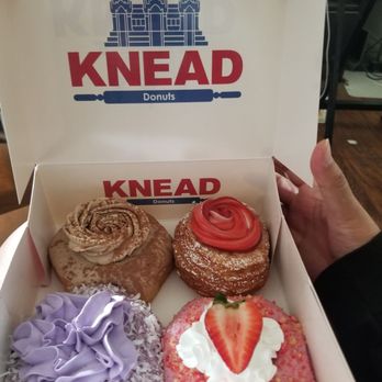 Knead Donuts & Tea - Top left is tiramisu, top right is guava cronuts, bottom left is ube, and bottom right us strawberry shortcake. - Donuts Near Me - Signal Hill, California