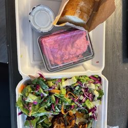 Beren Meze Grill House - Lunch special Salmon Shish with double salad, Pink Sultan dip, and house made bread