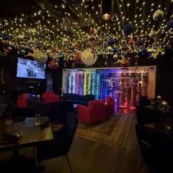 The Rouge Wine Bar & Patio - The lounge area; nicely decorated with beautiful holiday lights!