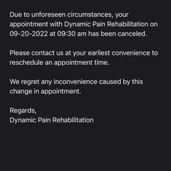Dynamic Pain Rehabilitation - "Unforeseen circumstances" what a joke, be honest John. See the time 9:35 am.