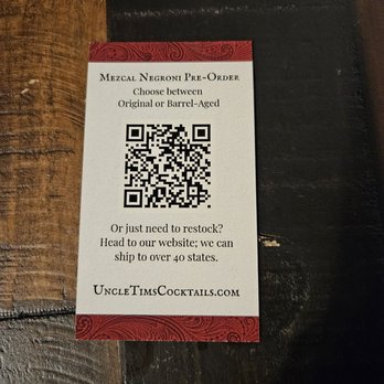 Uncle Tim’s Cocktails - QR code to pre-order Mezcal Negroni - Cocktail Bars Near Me - Denver, Colorado Uncle Tim’s Cocktails - QR code to pre-order Mezcal Negroni - Cocktail Bars Near Me - Denver, Colorado