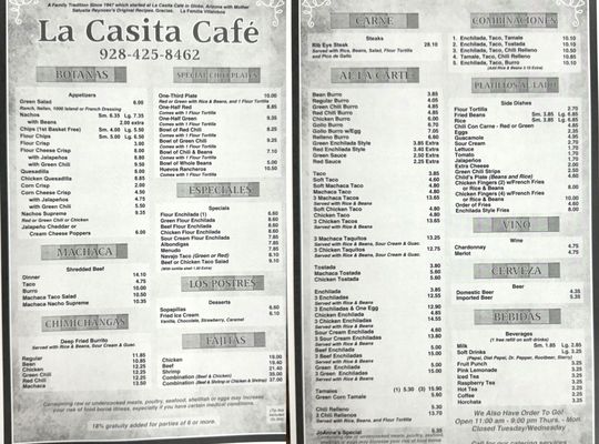 Menu photo 2 La Casita Cafe Globe, AZ