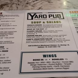 the menu for the yard pub