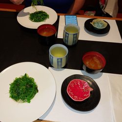 Matsu Sushi - Green tea, miso soup, Wakame salad. I LOVED the wakame's presentation!