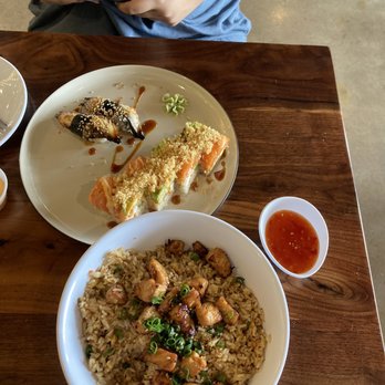 MUSE Fusion+Sushi - Salmon surprise roll, fried rice with chicken, nigiri - Sushi Bars Near Me - Austin, Texas MUSE Fusion+Sushi - Salmon surprise roll, fried rice with chicken, nigiri - Sushi Bars Near Me - Austin, Texas