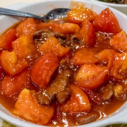 Season Restaurant - Beef and Tomato over Rice (番茄炒牛肉飯): $9.95. Lunch special, rice on side (not shown)