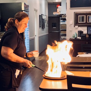 Bernie's City Diner - Owner making me some Saganaki (flaming cheese) - Breakfast & Brunch Near Me - Naples, Florida