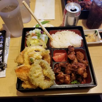 Kenko Ya - 2 choice Bento Box ,I couldnt finish it came with pickled veggies,edamame and Miso soup ,also had the hamachi sushi and the ahi crunch roll - Japanese Near Me - Kaneohe, Hawaii