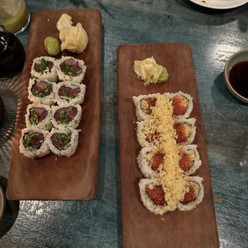 Sado - Regular tuna roll (left) with scallion and ginger and spicy tuna roll (right). - Sushi Bars Near Me - St. Louis, Missouri Sado - Regular tuna roll (left) with scallion and ginger and spicy tuna roll (right). - Sushi Bars Near Me - St. Louis, Missouri