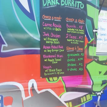 Dank Burrito - Their old menu before creme brule. Shows their staple burritos/tacos. - Food Trucks Near Me - Morehead City, North Carolina Dank Burrito - Their old menu before creme brule. Shows their staple burritos/tacos. - Food Trucks Near Me - Morehead City, North Carolina
