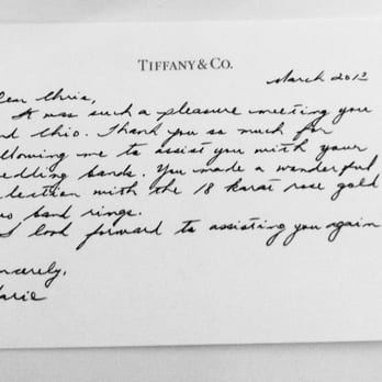 Tiffany & Co - Marie Shellum is the sweetest woman and super helpful! She helped us with our wedding bands and sent us this handwritten note. - Jewelry Near Me - San Diego, California Tiffany & Co - Marie Shellum is the sweetest woman and super helpful! She helped us with our wedding bands and sent us this handwritten note. - Jewelry Near Me - San Diego, California