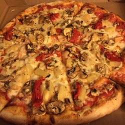 La Pizza and Pasta - Large traditional crust, pineapple, mushroom & roasted red pepper. Comes with a really good garlic dipping sauce.