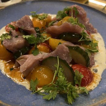 Squable - Marinated Tomatoes with Tuna in a sauce Gribiche - Modern European Near Me - Houston, Texas