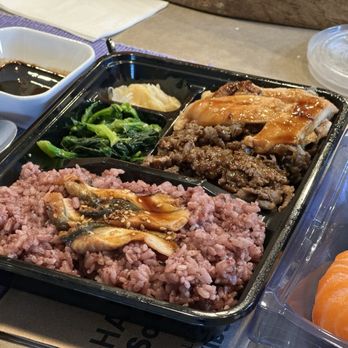 Ahi Lovers - Bento 6. Teri beef, Teri chix, unagi, purple rice - Japanese Near Me - Honolulu, Hawaii