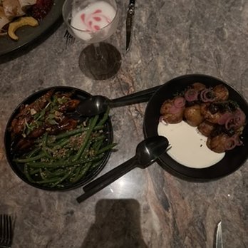 Animae - sides: charred carrots, green beans, and wagyu fat potatoes with chinese sausage jam, koji sour cream, and pickled shallots - Asian Fusion Near Me - San Diego, California