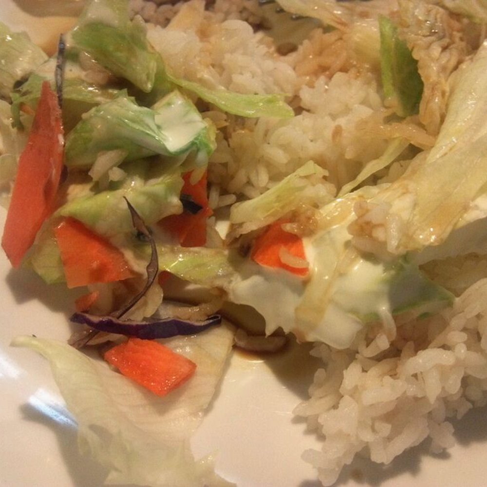 Canton Restaurant - My dish of steamed rice with their "salad" and blue cheese dressing topped with gluten free Tamari sauce that I brought - Chinese Near Me - Barstow, California Canton Restaurant - My dish of steamed rice with their "salad" and blue cheese dressing topped with gluten free Tamari sauce that I brought - Chinese Near Me - Barstow, California