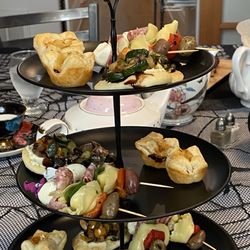 Petit Fours & Purls - Savory/pastry tower, including puff pastry with cheese and apricot, flatbread with a vegetable medley, antipasti skewer