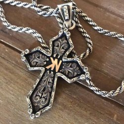 Hyo Silver - Custom Scroll and Crystal Cross with a ranch brand in rose gold and rustic silver oxidized scrolls on a sterling silver rope chain.