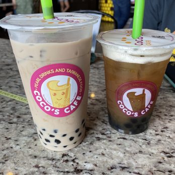 CoCo's Cafe - Milk Tea (left) and Mango Green Tea (right) - Taiwanese Near Me - Austin, Texas CoCo's Cafe - Milk Tea (left) and Mango Green Tea (right) - Taiwanese Near Me - Austin, Texas