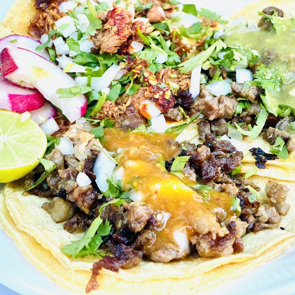 3 Large tortilla tacos. Red salsa is spicier then the green. If you like spicy go for the Oil. 3 Large tortilla tacos. Red salsa is spicier then the green. If you like spicy go for the Oil.