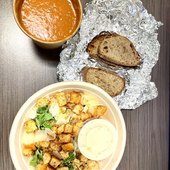Slate Cafe - Tomato soup, bread, and the Brussels Sprout Caesar - Cafes Near Me - New York, New York