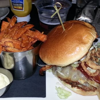 Amsterdam BrewHouse - Brisket cheeseburger $14 with sweet potato fries (extra $2) - Breweries Near Me - Toronto, Ontario Amsterdam BrewHouse - Brisket cheeseburger $14 with sweet potato fries (extra $2) - Breweries Near Me - Toronto, Ontario