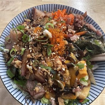 Jackie's Diner - Hamachi poke bowl with carrot kimchi, calamari salad and coconut luau as toppings. So ono! - Hawaiian Near Me - Aiea, Hawaii