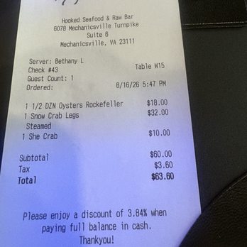 Hooked Seafood & Raw Bar - The bill, they did give a discount for cash.... - Seafood Near Me - Mechanicsville, Virginia Hooked Seafood & Raw Bar - The bill, they did give a discount for cash.... - Seafood Near Me - Mechanicsville, Virginia