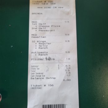 Pizza Factory - Our bill with pitcher of soda and tax - Pizza Near Me - Mariposa, California