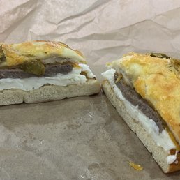 Turkey sausage, egg whites, cheddar cheese, on a jalapeño bagel.