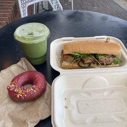 special: Tofu Banh Mi  raspberry sprinkle donut  iced matcha latte w oat milk