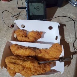 Chicken stripes with my thermometer plugged in 10.min after picking it up. Chicken stripes with my thermometer plugged in 10.min after picking it up.