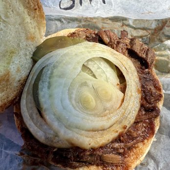Old Hickory Bar-B-Que - Sliced Mutton Sandwich with pickles and onion. Much less meat than the Sliced Pork Sandwich. - Barbeque Near Me - Owensboro, Kentucky Old Hickory Bar-B-Que - Sliced Mutton Sandwich with pickles and onion. Much less meat than the Sliced Pork Sandwich. - Barbeque Near Me - Owensboro, Kentucky