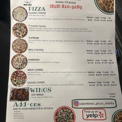 Valentino's Pizza Arleta - Menu simple but to the point with options.