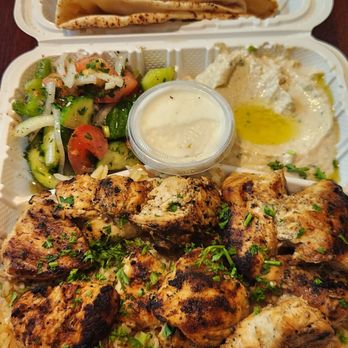 Tut's Kabob - Our chicken kabob combo with rice, salad and babaganoush. Oh so yummy in my tummy. - Mediterranean Near Me - Glendora, California