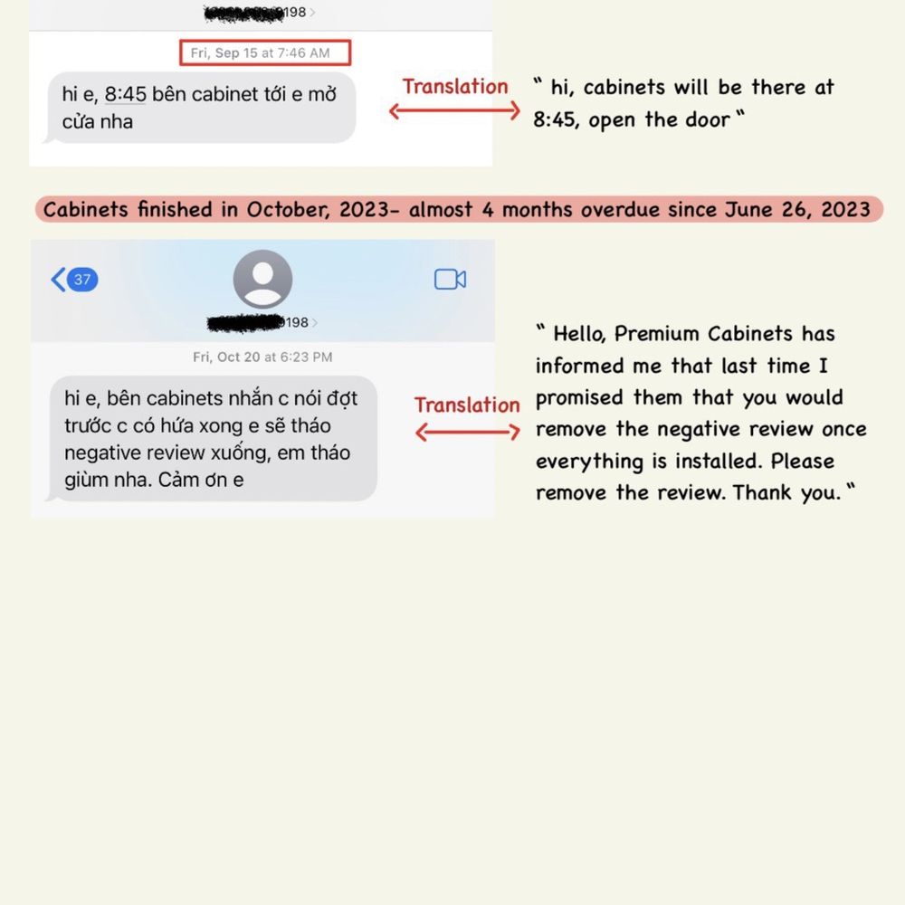 Premium Cabinets - Cabinets were 12 weeks overdue (top) Cabinets were 4 months overdue (BOTTOM) - Kitchen & Bath Near Me - Tustin, California Premium Cabinets - Cabinets were 12 weeks overdue (top) Cabinets were 4 months overdue (BOTTOM) - Kitchen & Bath Near Me - Tustin, California